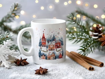 Weiße Keramiktasse mit festlichem Winterdorf-Motiv, dekoriert mit Zimtstangen, Sternanis und glitzerndem Kunstschnee, vor einem weihnachtlichen Hintergrund mit leuchtenden Lichtern und grünen Tannenzweigen.